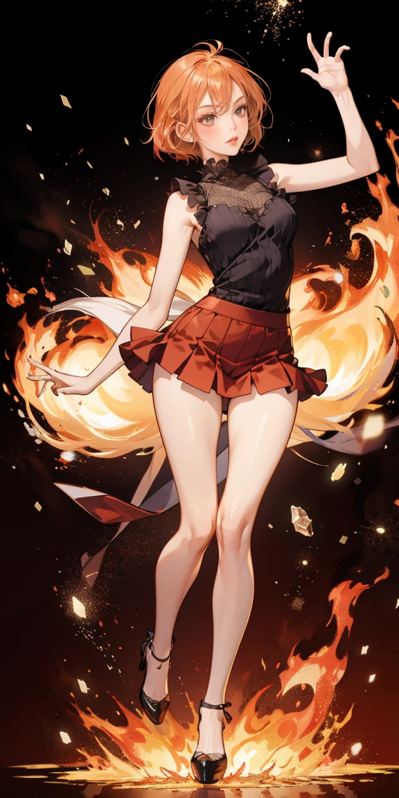 full-body close-up, create an elegant atmosphere), Red short skirt, Black top, Orange short hair, graceful flowing, elegant movements, lustful smirking smile expression (red blush), floating in the air, (1girl), slim figure) fire and Ice background