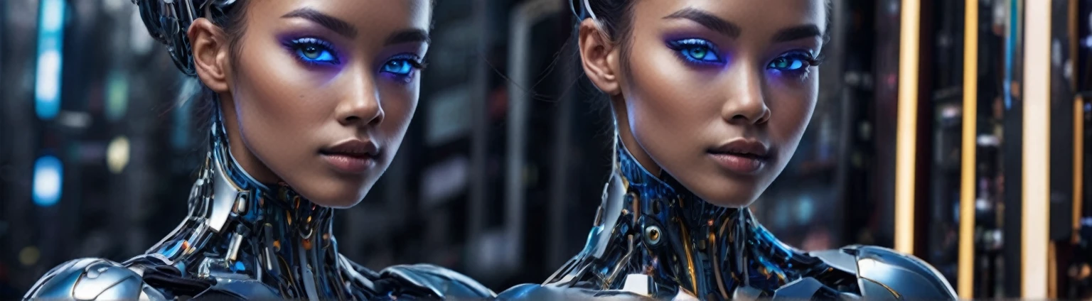 Full-body portrait of an advanced, near-future female cyborg.
Blend of human beauty and cutting-edge technology.
Entire figure visible, posed elegantly.
Face with subtle cybernetic enhancements:
  - Luminescent eyes with holographic irises
  - Fine, almost invisible seams along cheekbones and jaw
Human-like hair with iridescent, color-shifting strands.
Smooth skin with a faint, pearlescent glow.
Form-fitting, translucent body suit revealing:
  - Sleek muscle-like cybernetic structures beneath
  - Soft blue energy lines tracing major body contours
Graceful limbs with seamlessly integrated tech components.
Hands and feet with delicate, highly articulated digits.
Subtle holographic aura shimmering around the body.
Pose balancing human grace with technological precision.
Expressive face conveying warmth and intelligence.
Background suggesting a high-tech, minimalist environment.
Lighting accentuating both organic curves and synthetic elements.
Overall aesthetic: alluring, futuristic, and subtly sensual.