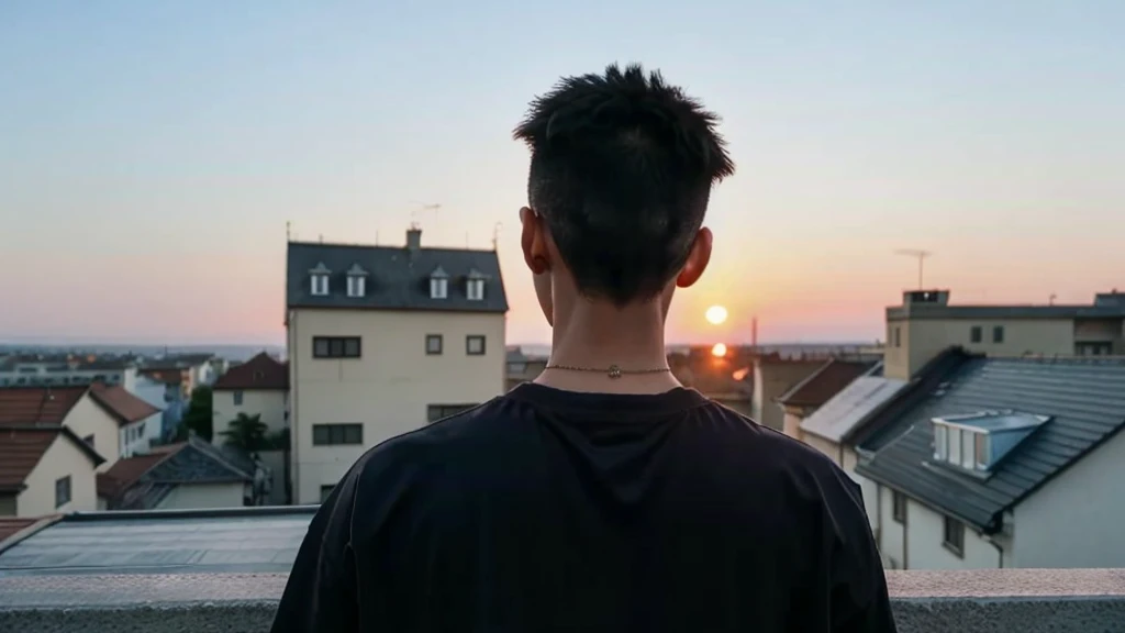 back view, black male, 22 years old, handsome, strong built, in rooftop of his home, looking at sunrise, overlooking houses, cinematic 4k, ultra detailed, hyper realistic
