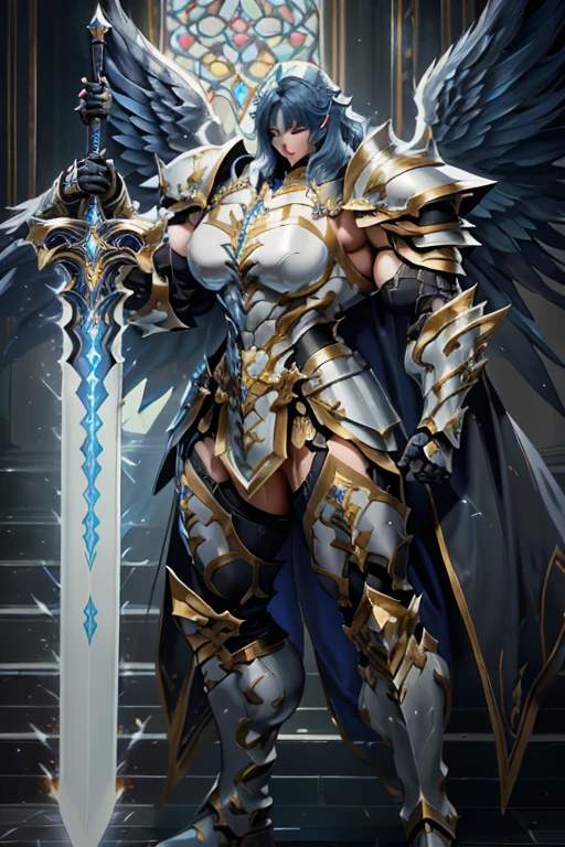 (((Massive beautiful, buff, pale white skinned muscular female saint knight with royal blue hair, black lipstick, ginormous bulky muscles, carrying a giant sword and wearing a royal blue Saint Seiya Gemini Armor))), (((close-up view))), large , massive muscles, massive biceps, hyper muscle shoulders, hyper muscle triceps, (long curly wavy hair), white eyes, (Paladin boots), (angel metal armor), breast (angel gauntlets), (holy Shoulder armor), closed smile, (in a heavenly castle), Vascular arms, hyper muscles arms, hyper muscle legs, massive buff arms.