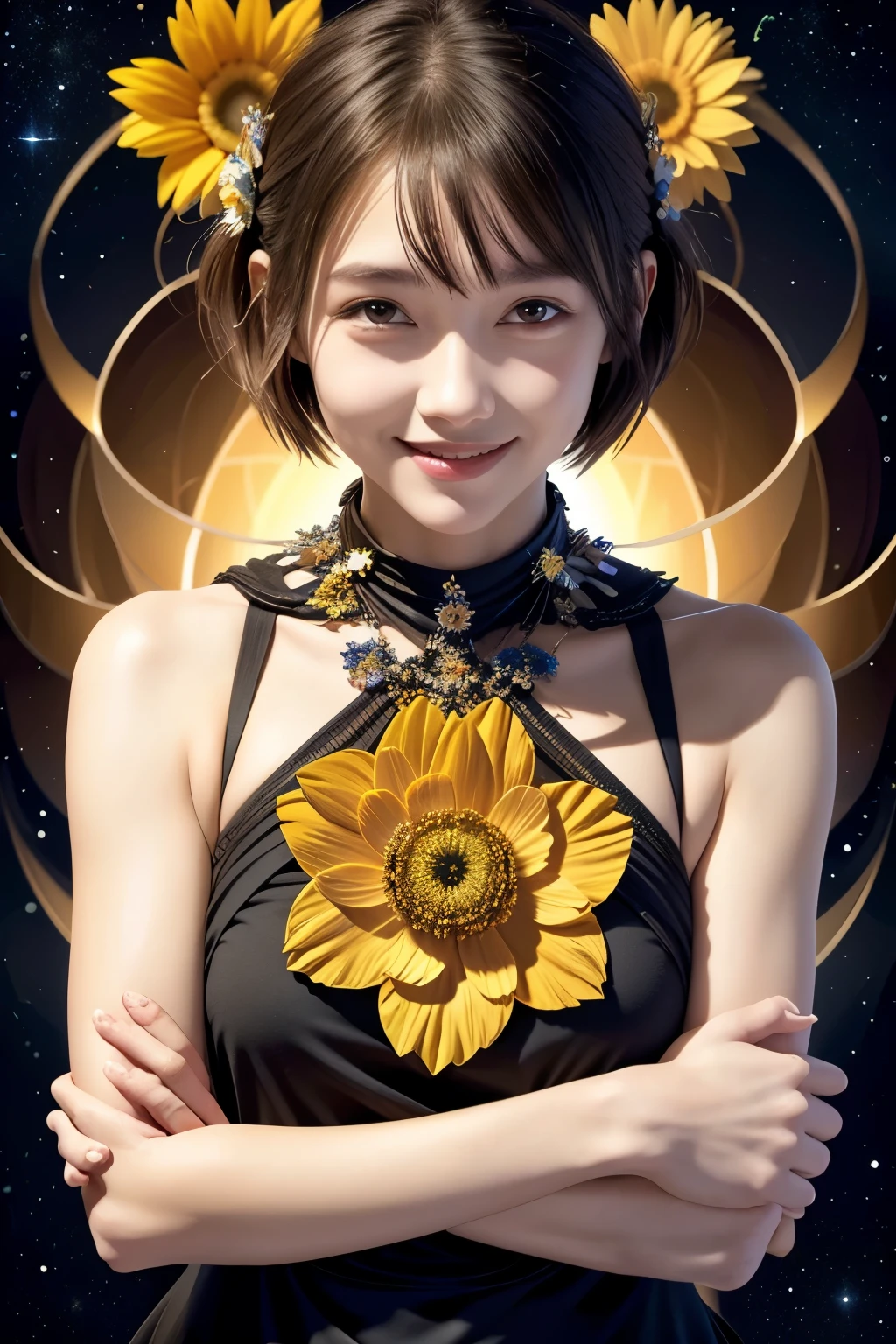 257 20-year-old female, (short hair),(Abstract background,Fractal Art), smile, flower