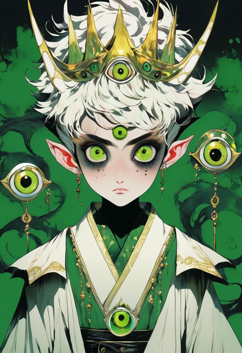 Japanese Anime,Second Dimension,Horror style,horror character,(((Three-eyed boy,独奏,third eye on the forehead,Dark eyeshadow,White short hair,Elf ears,Exaggerated golden crown-eyeball decoration))),(((Wrapped in bandages))).(((Thin waist,Green belt:1.6))).