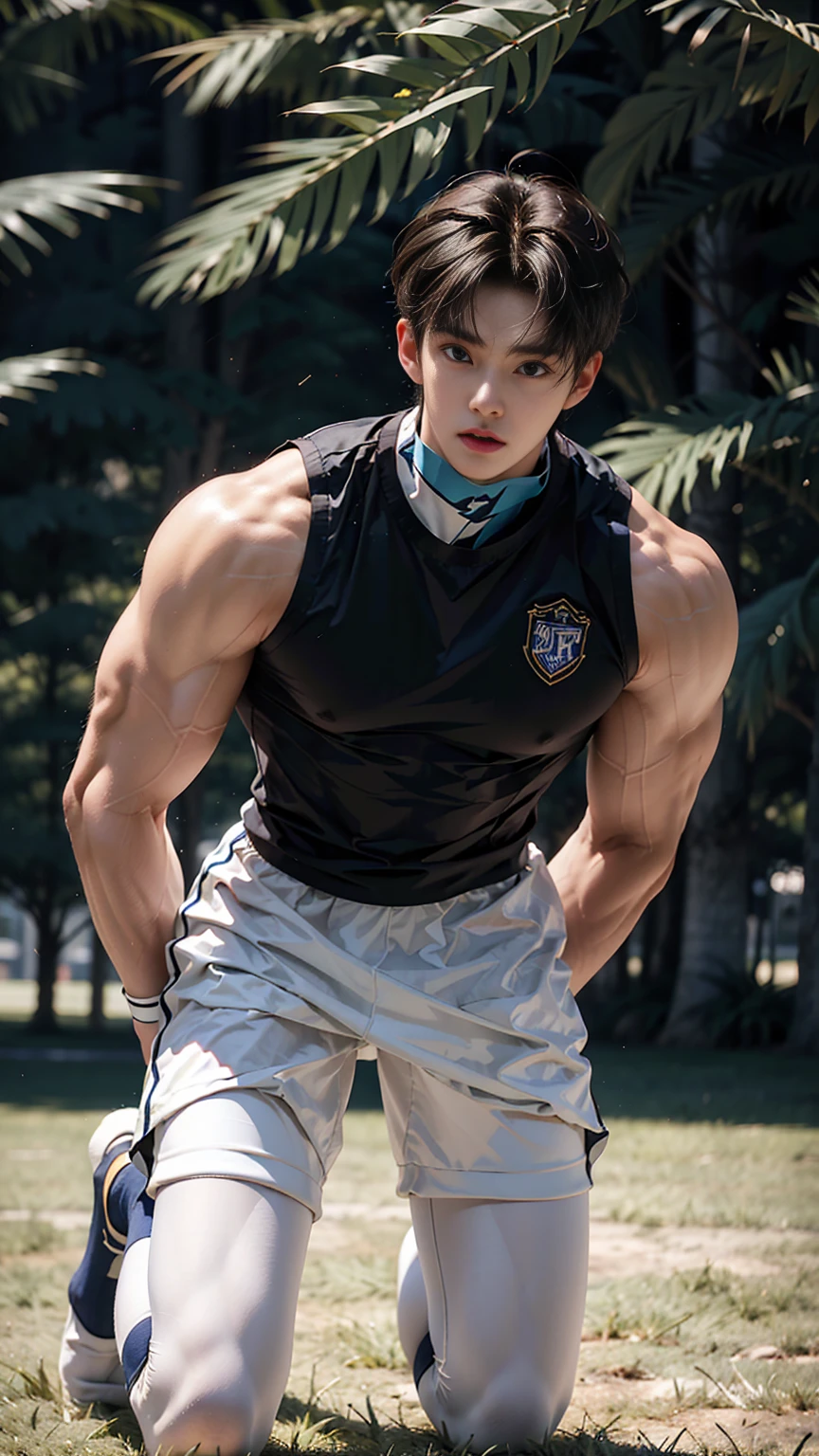 masterpiece,best quality, (An 18-year-old boy with extraordinary development:1.2), (Tall and fit body),(Kneeling upright on the campus grass),Look up at the characters,Front view,Stay away from the camera,Football Jersey,Football Socks,,Broad and straight shoulders,Muscular shoulders,(Extremely strong body),Muscular body,Fitness,Perfect body proportions,Inverted triangle figure,Biceps,Highlight muscle texture, Muscular body,Slender and toned legs,Small head,Handsome and cute face,Perfectly detailed facial features,Looking at the camera,A serious and angry expression,leaning back,head tilt, happy, very short hair, brown hair,(looking at viewer:1.2),full body,Vision