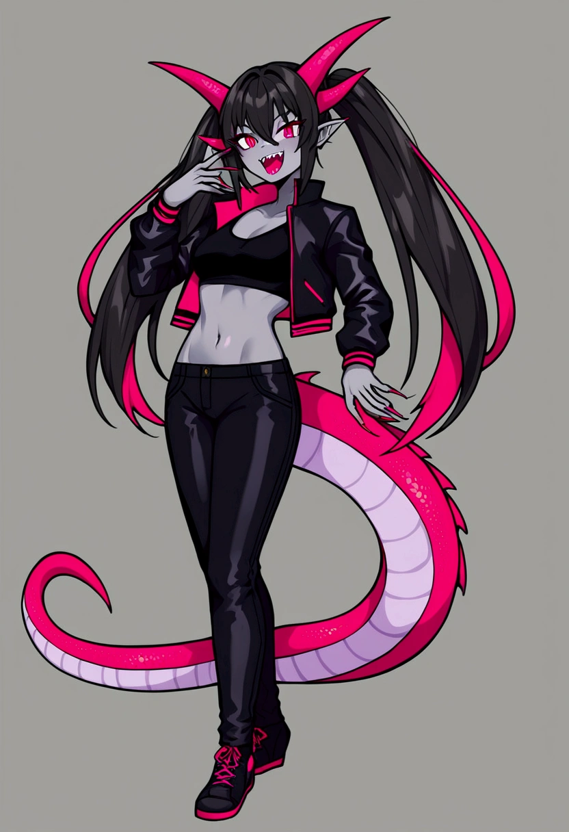 single female with grey skin, with black hair long twin tails style, with pink streaks, sharp teeth, black biker jacket, black crop top and black pants, dragon tail and dragon horns, full body, sharp nails