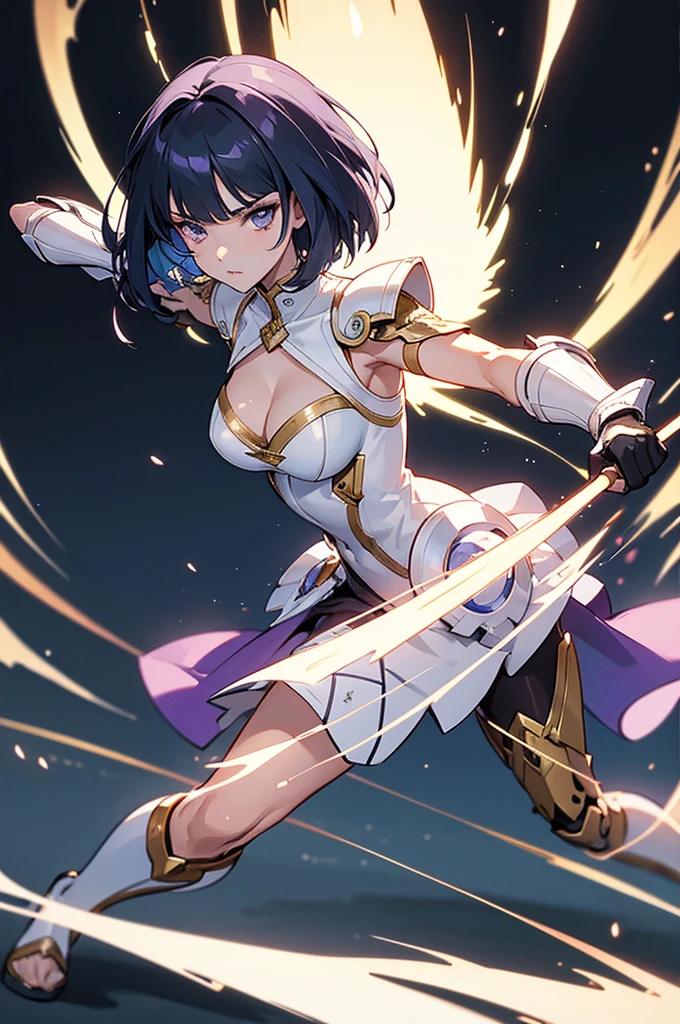 masterpiece, best quality, ultra detailed, 4K, 8K, no bad anatomy and fingers, super detailed skin, science fiction, fighting stance, full body, cyborg beautiful girl, face like a Paris Collection model, asymmetrical bob cut with mesh, wearing gold and white and violet dress armor by top designer, Iris flower motif, elaborately designed clothes,  anime and  action painting, rough lines, Cool background for action painting, cleavage cutout, forest, spotlight, night,