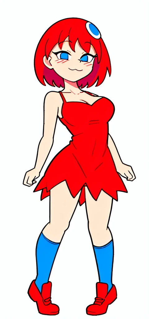 [less8 Pacman ghost], ((Masterpiece)), ((High Definition)), ((high quality)), ((detailed shading)), ((beautiful rendering art)), ((solo portrait)), ((whole body)), ((front view)), ((intricate details)), standing, by Pixelsketcher, dress, Blue eyes, Red hair, red dress, short hair, BIG BREASTS, short dress, shoes, red shoes, defined neckline, sleeveless dress,(Blue socks), human,hair ornament, White background, Alone, from behind, looking at the viewer, blushing, perverted smile  