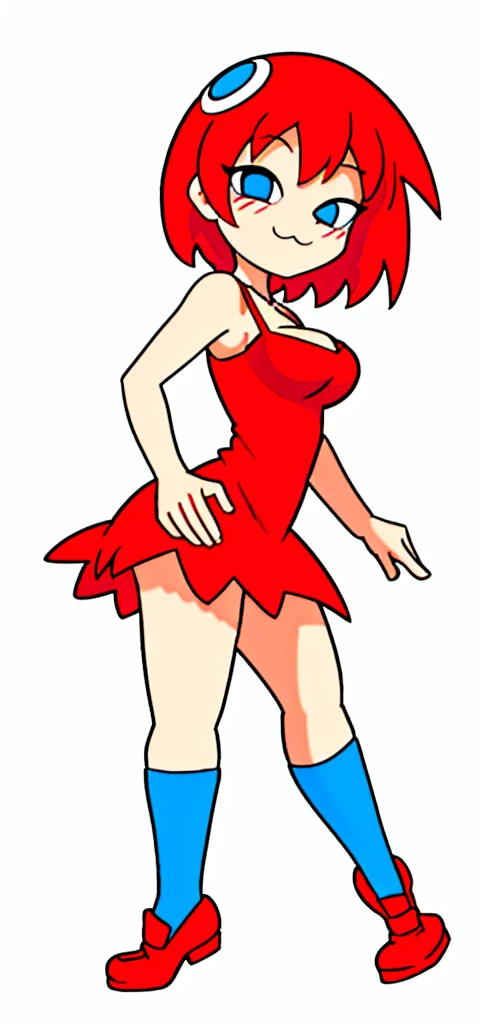 [less8 Pacman ghost], ((Masterpiece)), ((High Definition)), ((high quality)), ((detailed shading)), ((beautiful rendering art)), ((solo portrait)), ((whole body)), ((front view)), ((intricate details)), standing, by Pixelsketcher, dress, Blue eyes, Red hair, red dress, short hair, BIG BREASTS, short dress, shoes, red shoes, defined neckline, sleeveless dress,(Blue socks), human,hair ornament, White background, Alone, from behind, looking at the viewer, blushing, perverted smile  