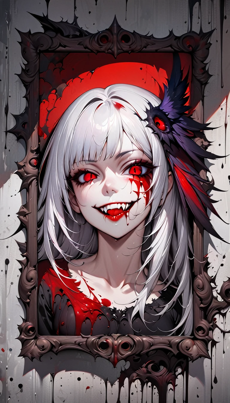 (((Nsfw, Vulgar))),wet-on-wet oil painting depicting a dark angel, a semi-realistic full body portrait, blood on the angel face,, red eyes, gorgeous painting, breathtaking, semirealistic, beautiful colors, evil, beautiful red eyes, detailed textures, massive blackdark feathers, blood, white hair, evil grin, evil smile