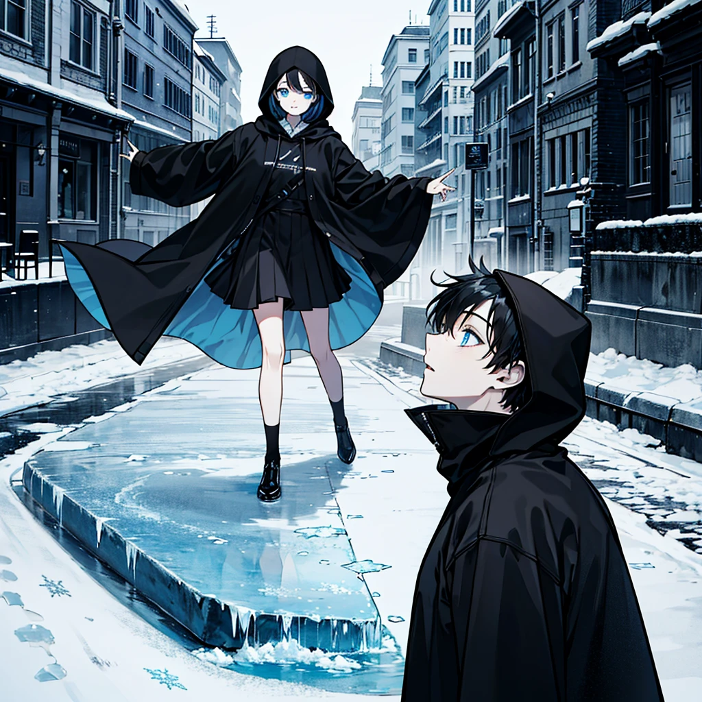 Black Hair，Short inches，male，Blue Eyes，Black hood，Frozen streets，动漫male