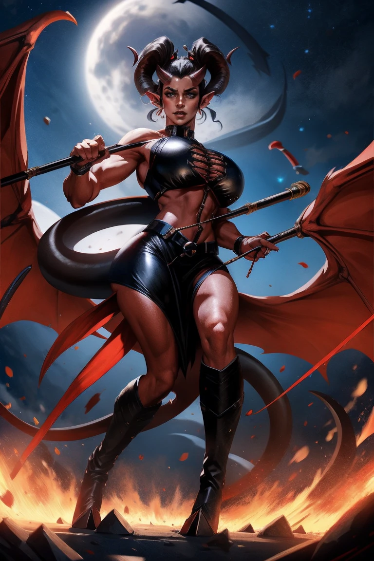 Red skin succubus tiefling, digitigrade legs, medium breasts, black horns, wings, huge tail, black leather, crop top, long flowing pelvic curtain, tall, toned, graceful, thin, long black ponytail. Action scene, whip. Dark scene, explosions, night sky.