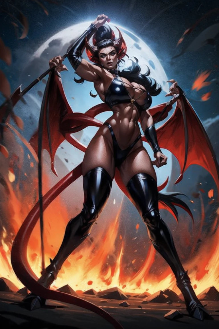 Red skin succubus tiefling, digitigrade legs, medium breasts, black horns, wings, huge tail, black leather, crop top, long flowing pelvic curtain, tall, toned, graceful, thin, long black ponytail. Action scene, whip. Dark scene, explosions, night sky.