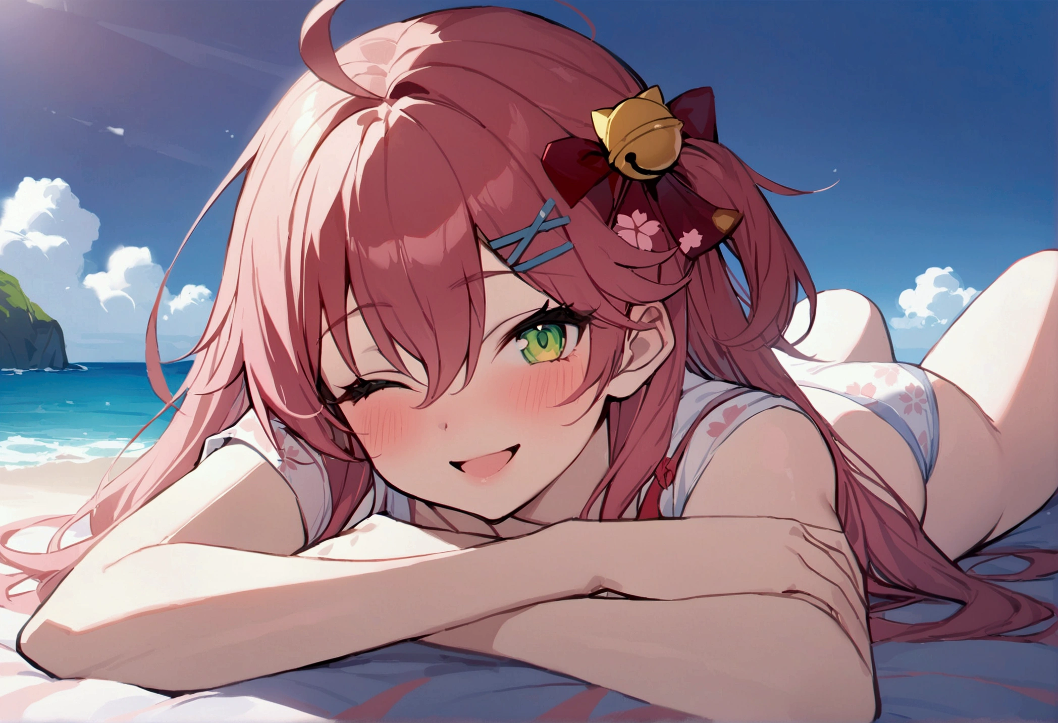 (masterpiece,Highest quality:1.3), (Super detailed:1.3), One girl, Day, Swimwear, View your viewers, Ocean, Miko 1, sakura miko, Green Eyes, alone, Ahoge, Red X Hair Ornament, Bright pink hair, Hair Clip, Hair Bell, Long Hair, Hair between the eyes, smile, sunny, Lie down, Close one eye, Open your mouth