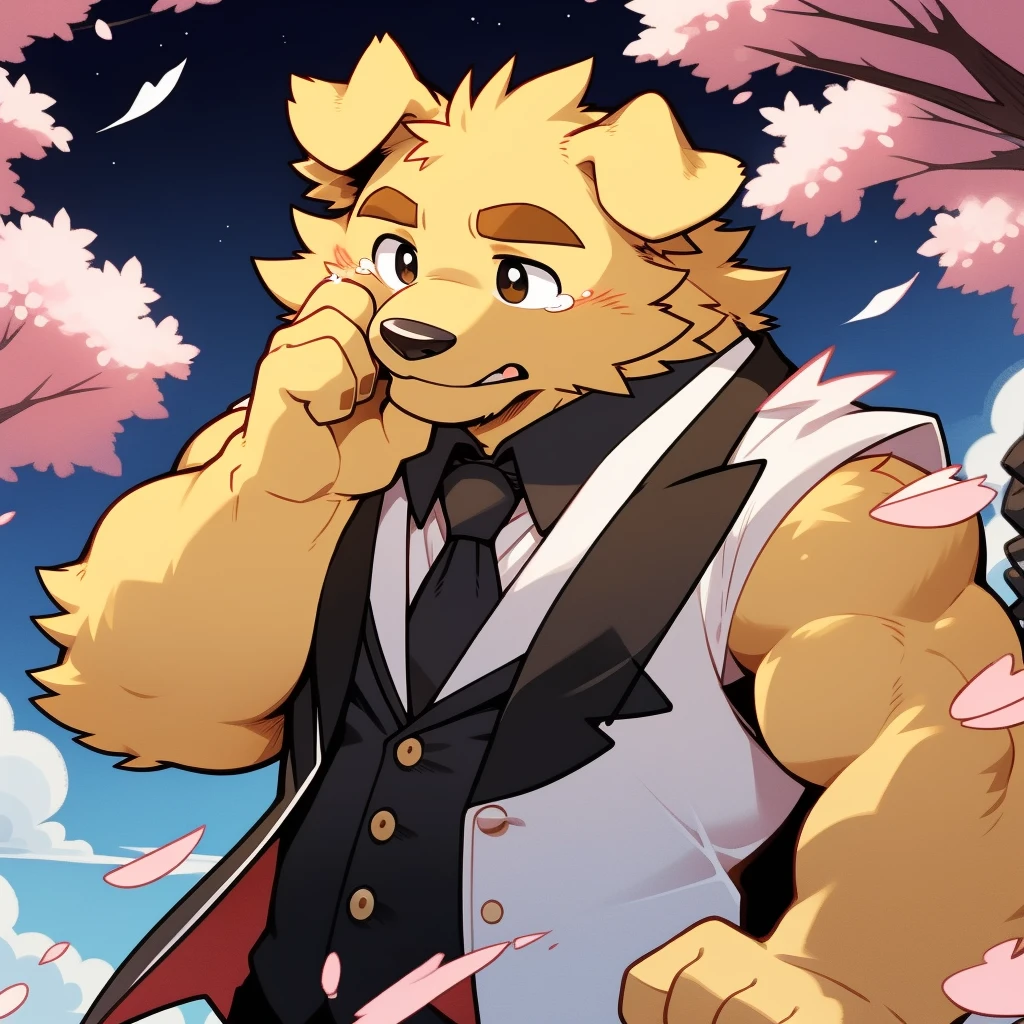 Scribble Golden Retriever face,cry,Humanity(Golden Retriever),(Formal wear:1.3),Muscular,(Brown eyebrows:1.1),(Perfect black eyes),Cherry blossoms,Golden fur，Night Sky，（artist:Takemoto Arashi）