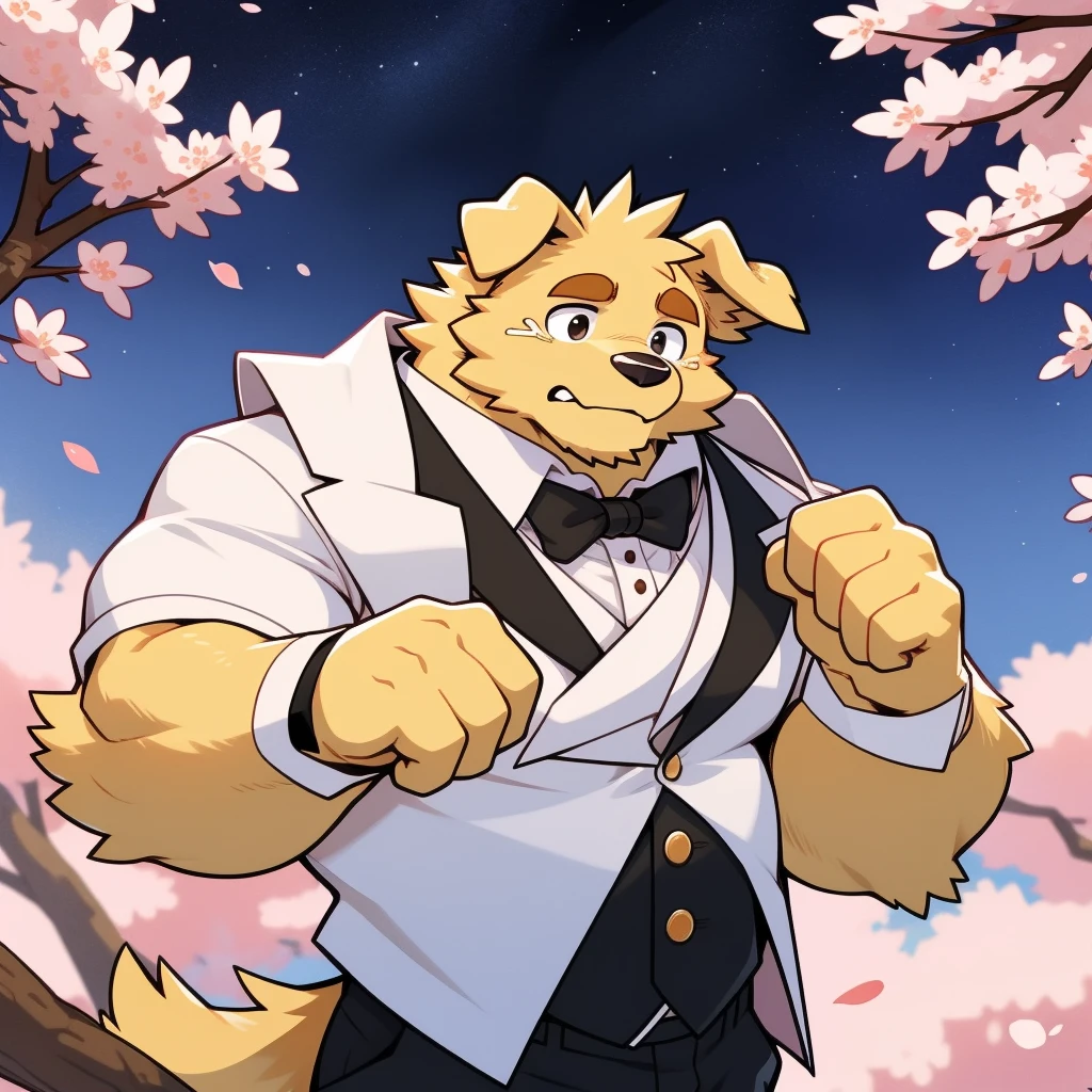 Scribble Golden Retriever face,cry,Humanity(Golden Retriever),(Formal wear:1.3),Muscular,(Brown eyebrows:1.1),(Perfect black eyes),Cherry blossoms,Golden fur，Night Sky，（artist:Takemoto Arashi）