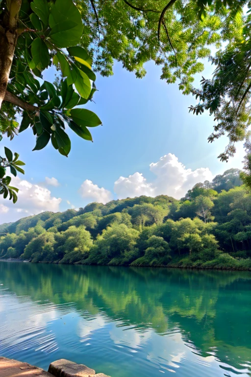 Good morning view with blue water and green tree