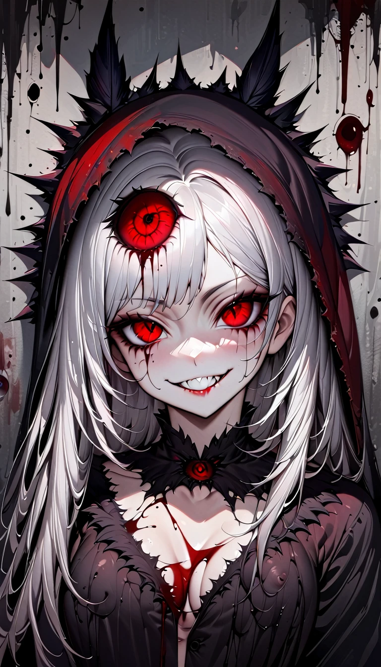 (((Nsfw, Vulgar))),wet-on-wet oil painting depicting a dark angel, a semi-realistic full body portrait, blood on the angel face,, red eyes, gorgeous painting, breathtaking, semirealistic, beautiful colors, evil, beautiful red eyes, detailed textures, massive blackdark feathers, blood, white hair, evil grin, evil smile