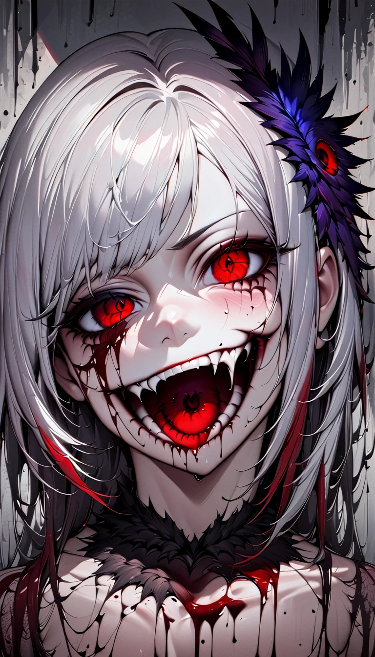 (((Nsfw, Vulgar))),wet-on-wet oil painting depicting a dark angel, a semi-realistic full body portrait, blood on the angel face,, red eyes, gorgeous painting, breathtaking, semirealistic, beautiful colors, evil, beautiful red eyes, detailed textures, massive blackdark feathers, blood, white hair, evil grin, evil smile