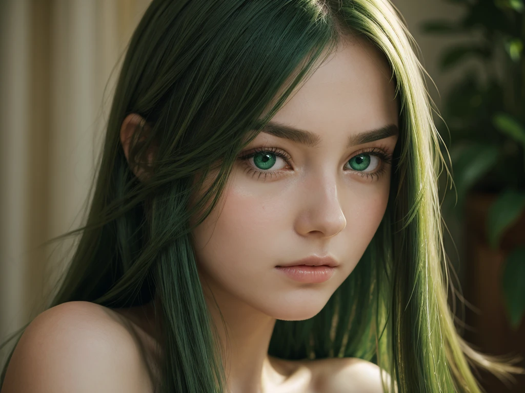 facial portrait. a girl. face sent feeling. Europe. Oval face. long face. delicate facial features. sad eyes. seductively seductive. green eyes. long straight hair. green hair. very sad expression. shy