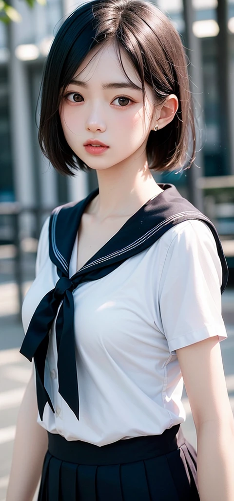 (1 nogizaka girl,15years old face,raw photo,photo realistic:1.5),(best quality, high quality,HDR, highest quality,ultra high resolution,high resolution,high res,ultra high difinition,huge file size,8K,2K wallpaper,8K wallpaper,high quality texture,amazing,an extremely delicate:1.4),one girl, Japanese famous idol,cute face,small face,absurd,ridiculous,incredibly ridiculous,blurry background,(school uniform,sailor suit,short hair,cleavage,no makeup:1.2),medium skin,beautiful skin,detailed skin,black hair,silky hair,black eyes,Japanese nose,5-fingers,(Light Particles, Lens Flare, Luminous Particles: 0.7),looking at viewer,small hands,bright lighting,professional lighting,girl