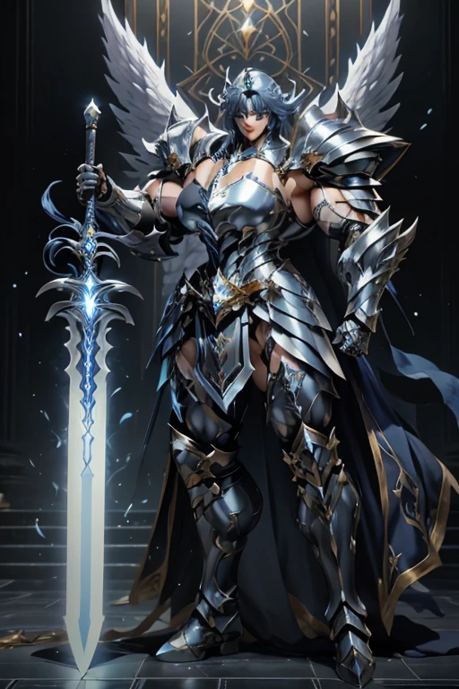 (((Massive beautiful, buff, pale white skinned muscular female saint knight with royal blue hair, black lipstick, ginormous bulky muscles, carrying a giant sword and wearing a royal blue Saint Seiya Gemini Armor))), (((close-up view))), large breast, massive muscles, massive biceps, hyper muscle shoulders, hyper muscle triceps, (long curly wavy hair), white eyes, (Paladin boots), (angel metal armor), breastplate, (angel gauntlets), (holy Shoulder armor), closed smile, (in a heavenly castle), Vascular arms, hyper muscles arms, hyper muscle legs, massive buff arms.