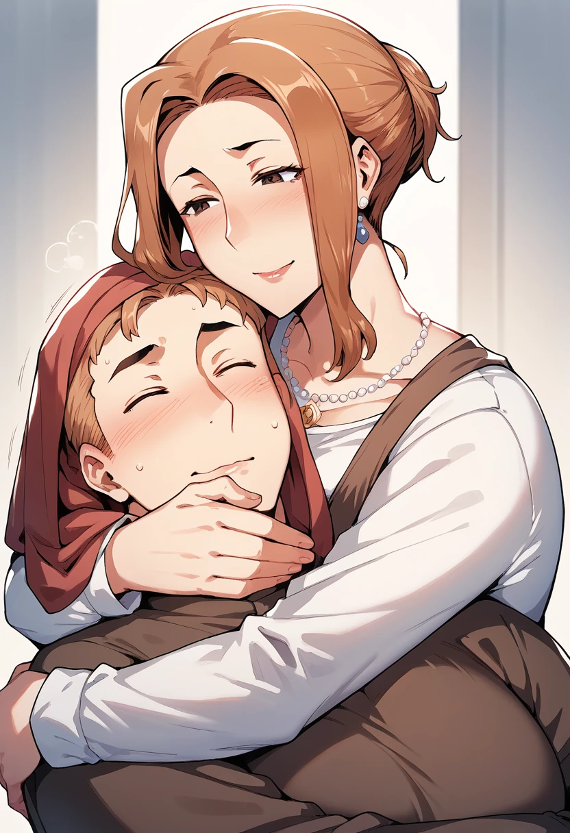 tmasterpiece,best qualityer,(There are only two people:1.3),Absolutely beautiful,A mature woman and one (Very little:1.2) Small boy, Mother and son hug,hugs,huge tit, ecchi anime style,