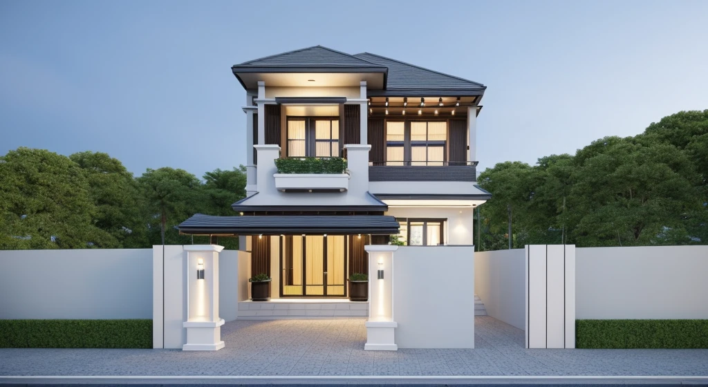 PLATFORM KTHOUSE, 1 modern villa in Vietnam, sloping roof, main materials for building the villa wall color: 1.2 glass panels: 1.1 and stone: 1.2, 1 large yard, 1 path in front of the house, surrounded by flowers and trees tropical, (RAW photo, real, best quality, masterpiece:1.2), modern minimalist look, a street in front of the house, dynamic lighting:1.3, (surreal, real photo:1.2), quality high, (dawn light: 1.2), perfect light, Archdaily, no people, light at 12 noon, light outside the door: 1,2
