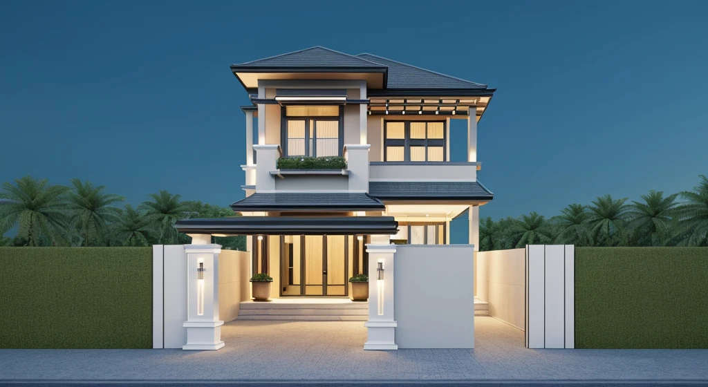 PLATFORM KTHOUSE, 1 modern villa in Vietnam, sloping roof, main materials for building the villa wall color: 1.2 glass panels: 1.1 and stone: 1.2, 1 large yard, 1 path in front of the house, surrounded by flowers and trees tropical, (RAW photo, real, best quality, masterpiece:1.2), modern minimalist look, a street in front of the house, dynamic lighting:1.3, (surreal, real photo:1.2), quality high, (dawn light: 1.2), perfect light, Archdaily, no people, light at 12 noon, light outside the door: 1,2