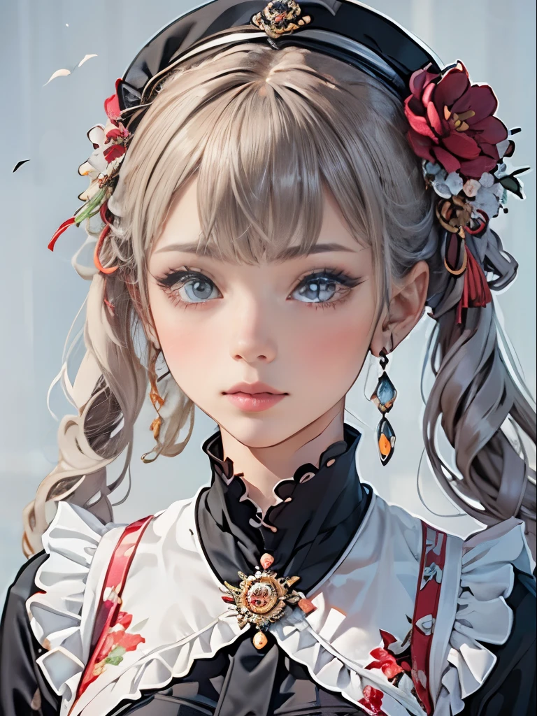 A girl,Solitary,masterpiece,best quality,high resolution,Extremely detailed face,Extreme details and exquisite eyes,(Face alignment),Fair skin,Exquisite hairstyle,Light lips,Charming smile.Strong sense of detail and layering,color浓艳,Has a unique texture, color丰富, color, Lifelike ,design,16K,Ultra Detailed, Abstract Art,Wearing a light gray dress, Printed with flower bouquet and red and dark grey ribbon, Paired with a red belt and a hat decorated with small flowers，Create a festive winter atmosphere. Her hair was done up in a beautiful and delicate style.