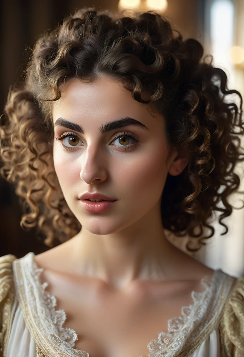 A beautful jewish women with a thick bush unibrow and a large bulbous nose. brown hair that is extremy curly and kinky, Ultra HD, with Rococo he symmetrical face, photorealistic photography, path tracing, specular lighting, and volumetric face light enhance the details. The scene is captured in maximum quality, masterpiece, 8K high resolution, and top quality. Cove Cameron