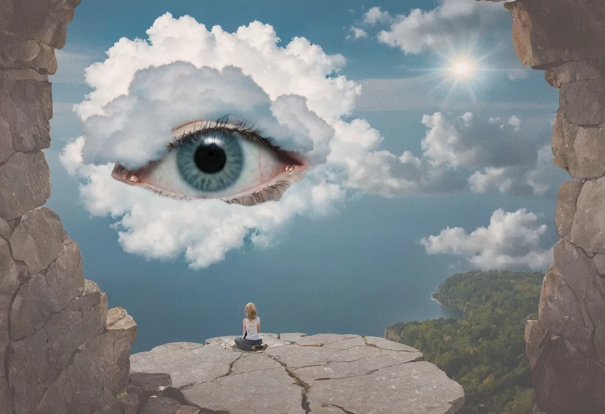 a surreal scene where a woman sits on the edge of a stone ledge, gazing at the sky adorned with a massive eye peering out from behind a cloud, blending elements of human presence with the bizarre and weirdcore 