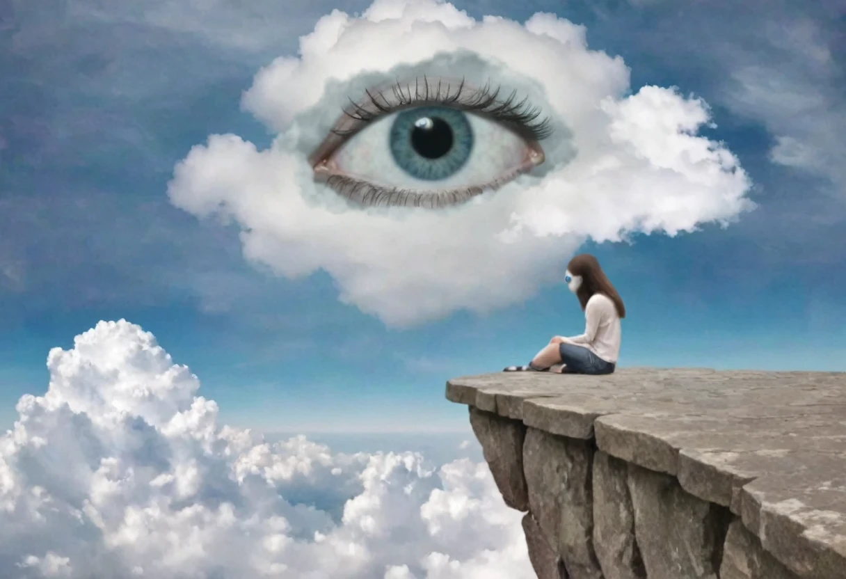 a surreal scene where a woman sits on the edge of a stone ledge, gazing at the sky adorned with a massive eye peering out from behind a cloud, blending elements of human presence with the bizarre and weirdcore 