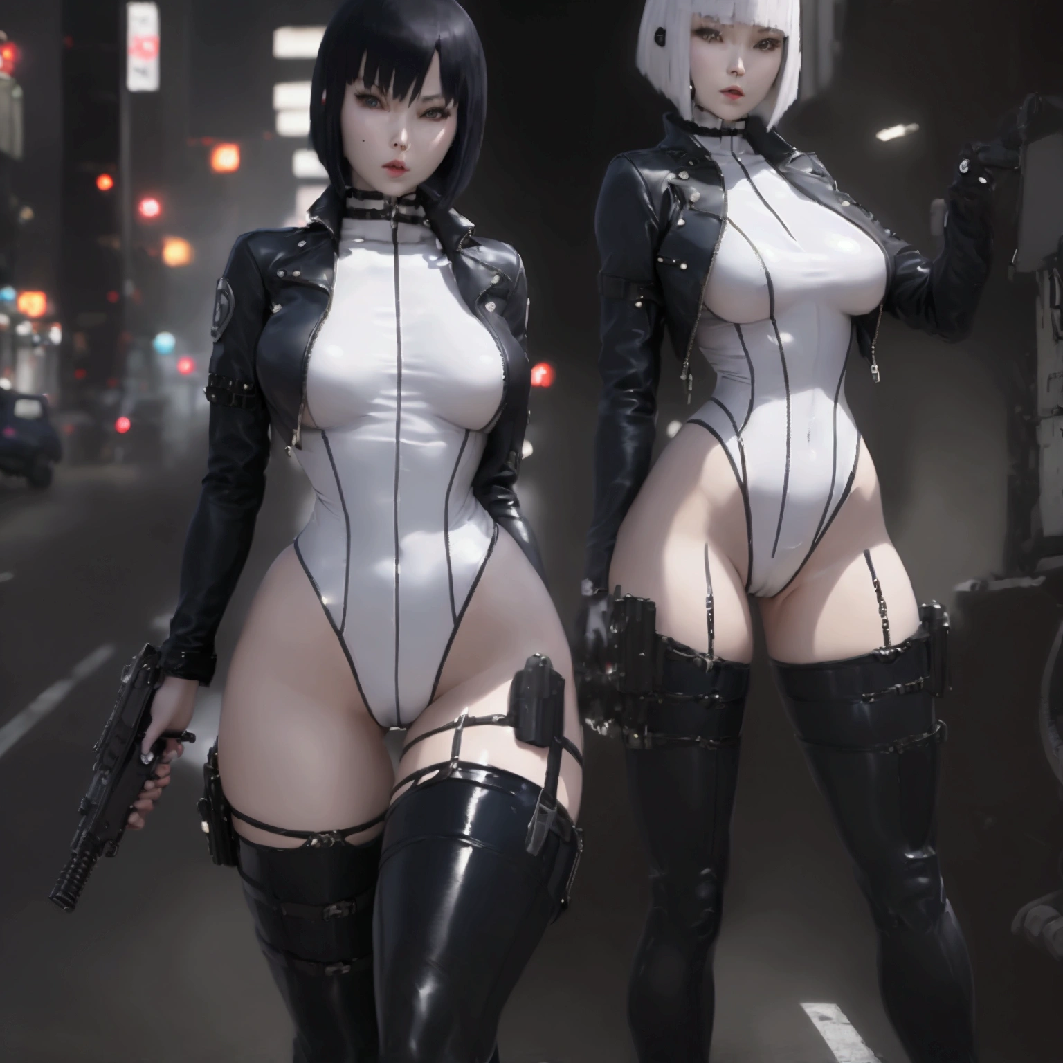 High resolution photo of a woman、Beautiful woman in a bare-chested white leotard、Dark blue bob hair、bangs、stockings、High heel boots、Holds a gun from the future、Black leather jacket、ghost in the Shell、Motoko Kusanagi、City of the Future、