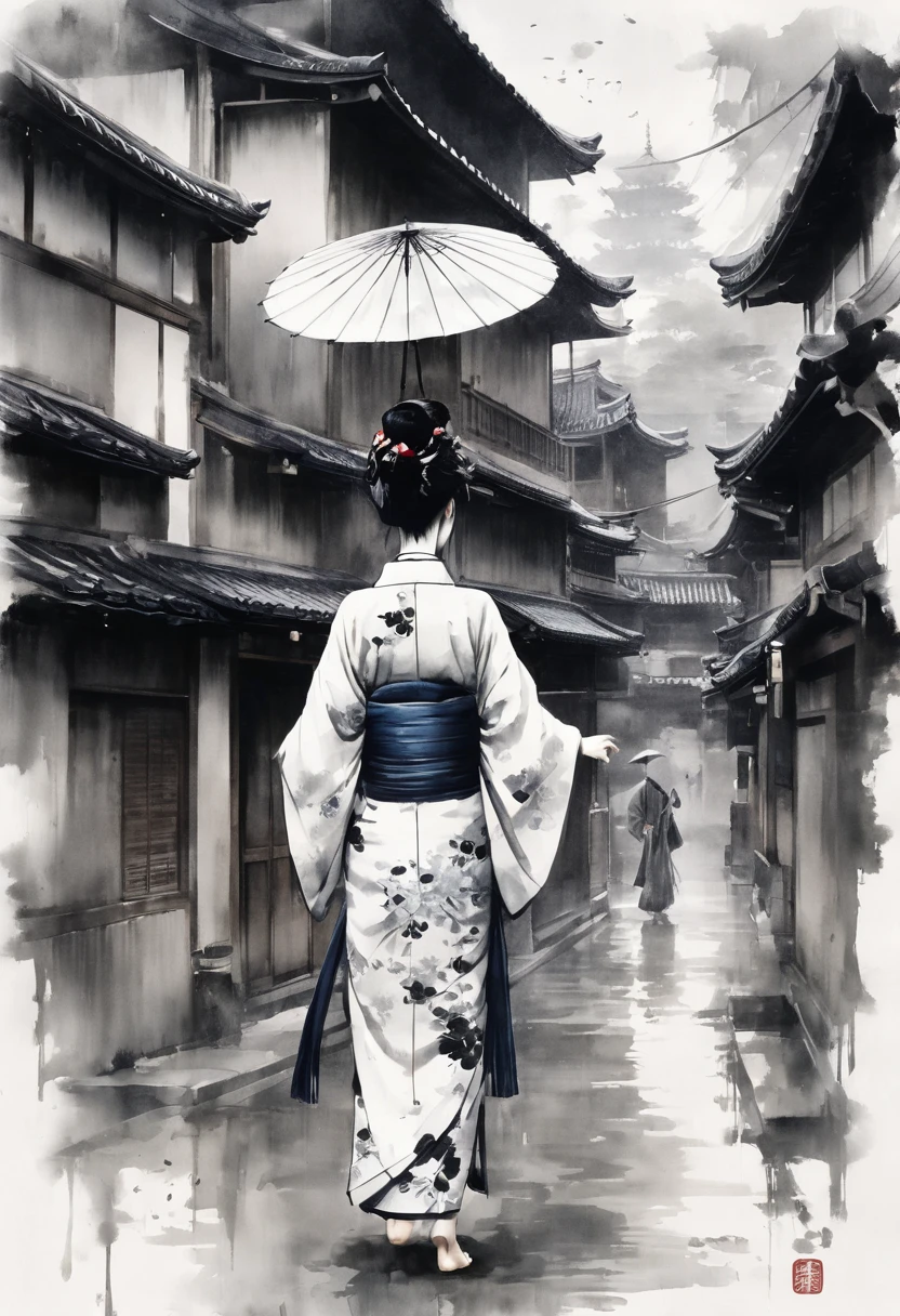 Ink painting,Black and white painting,splash,whole body,back view,Oiran道中,(Oiran,大きなOiran's hairpin,Disheveled Hair),A kimono with a wide open back collar from the nape to the back,Geta that are taller than normal geta,Umbrella,
