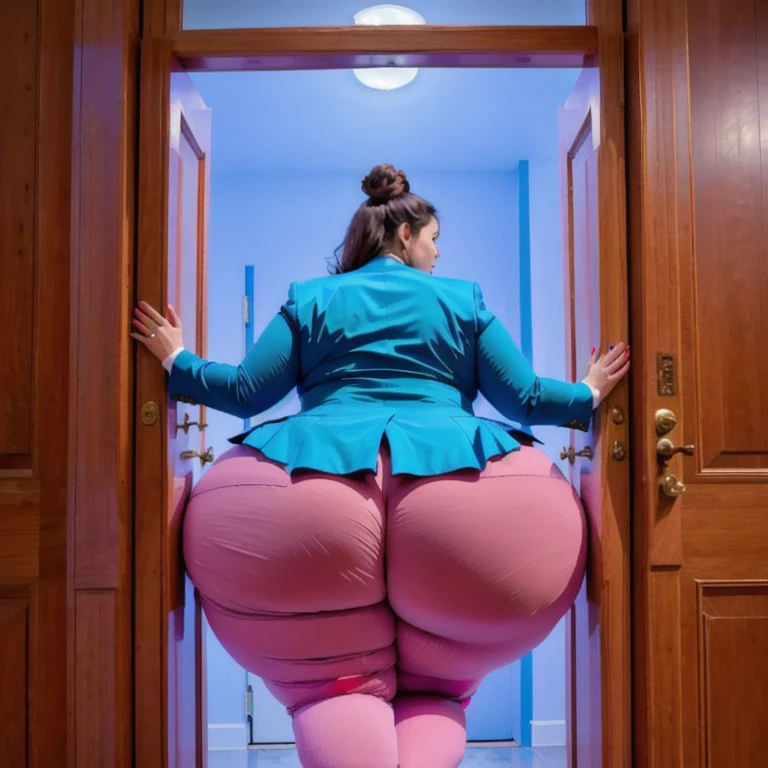 masterpiece, 1girl behind a doorway, from behind, (doorstuck, stuckbehind:1.3), huge hips, round belly, thick thighs, giant butt,colorful clothing, wearing a blue suit and tie and formal pants, upset, desperately trying to wiggle through, she tries to free herself but she won't budge, she is stuck tight view from behind, she is too wide, the doorway is quite narrow too, she kicks her legs furiously, trying to wiggle her hips through the small door