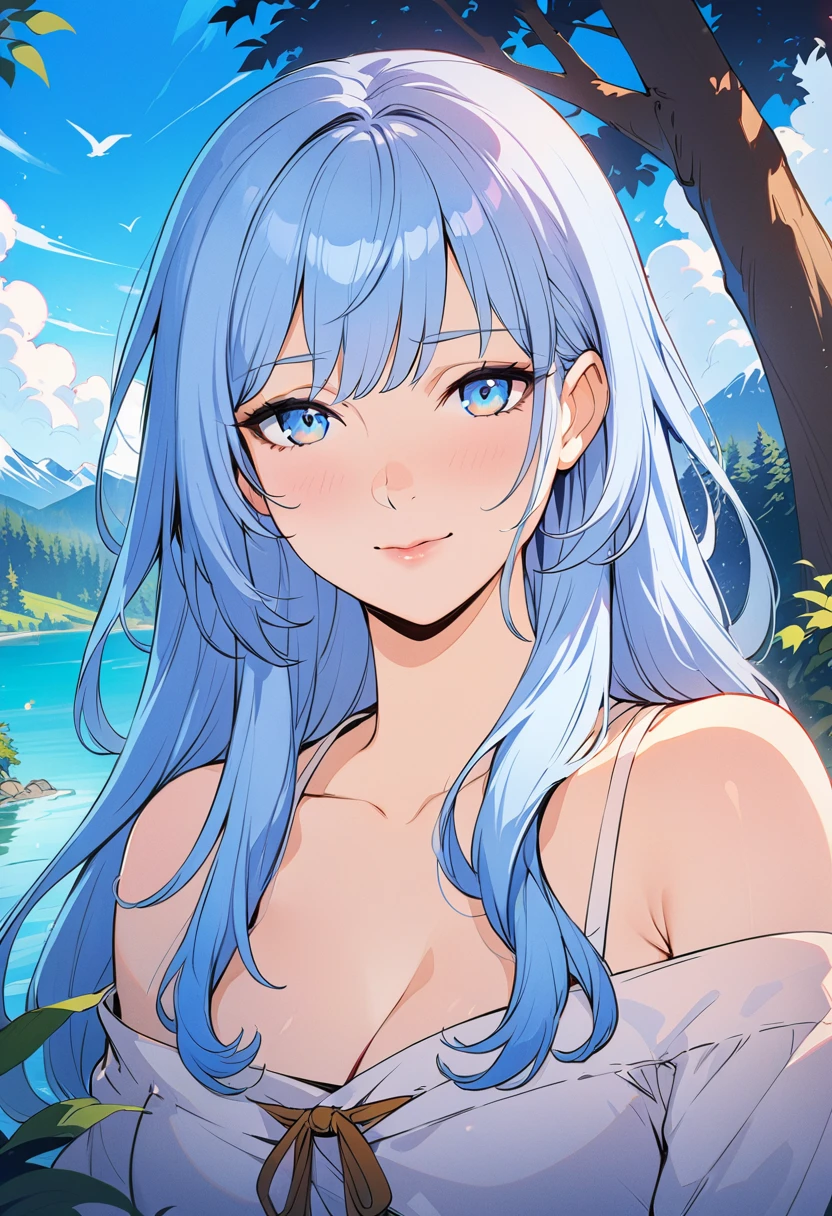 The most beautiful girl in the world,Character portrait,masterpiece, best quality, Official Art, 8k wallpaper, Very detailed, illustration, 1 girl, Sky blue hair, Long hair, Delicate eyes, Forrest Gump, Bare shoulders, Hanfu, lake, pure, Gentle smile, 