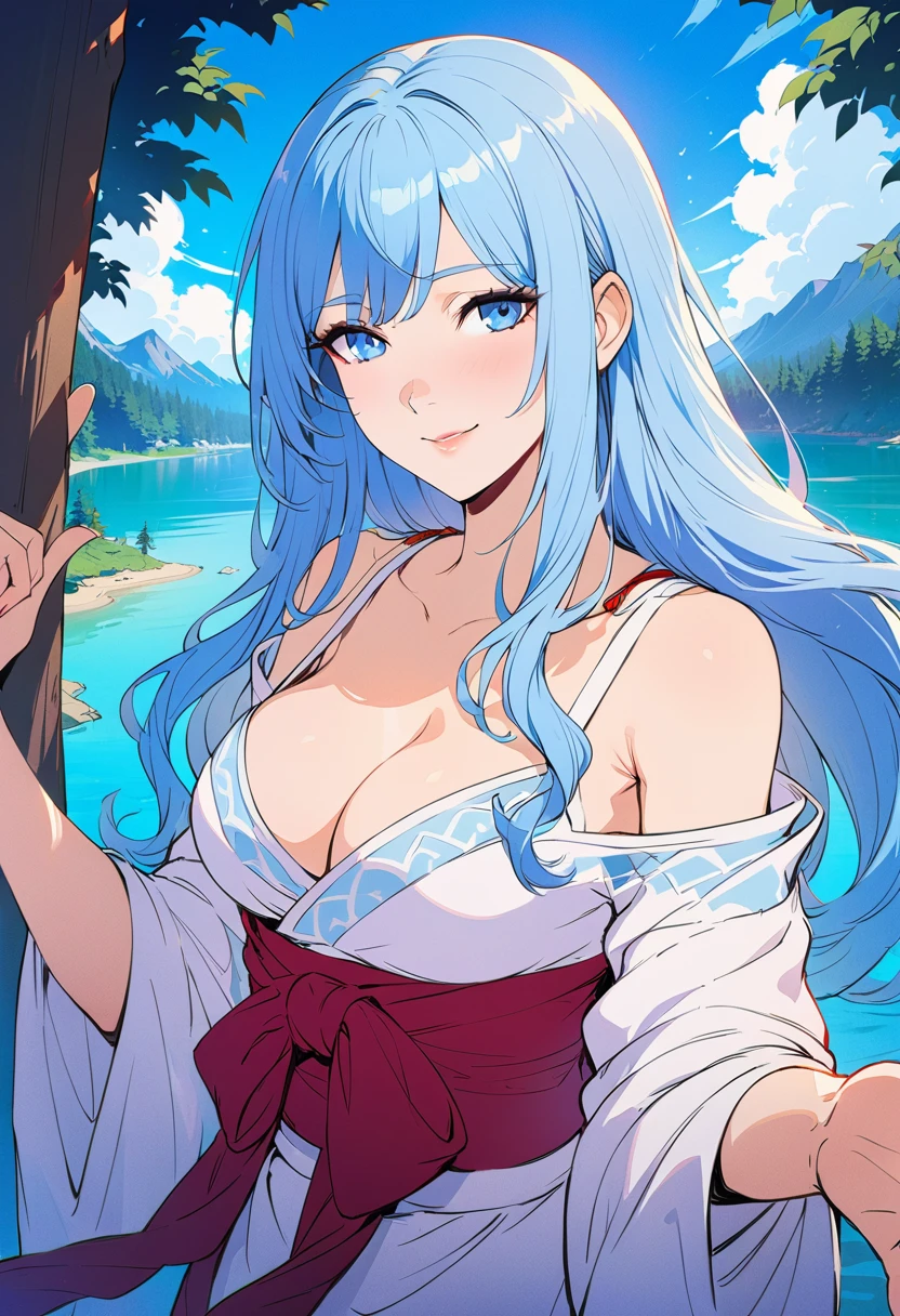 The most beautiful girl in the world,Character portrait,masterpiece, best quality, Official Art, 8k wallpaper, Very detailed, illustration, 1 girl, Sky blue hair, Long hair, Delicate eyes, Forrest Gump, Bare shoulders, Hanfu, lake, pure, Gentle smile, 