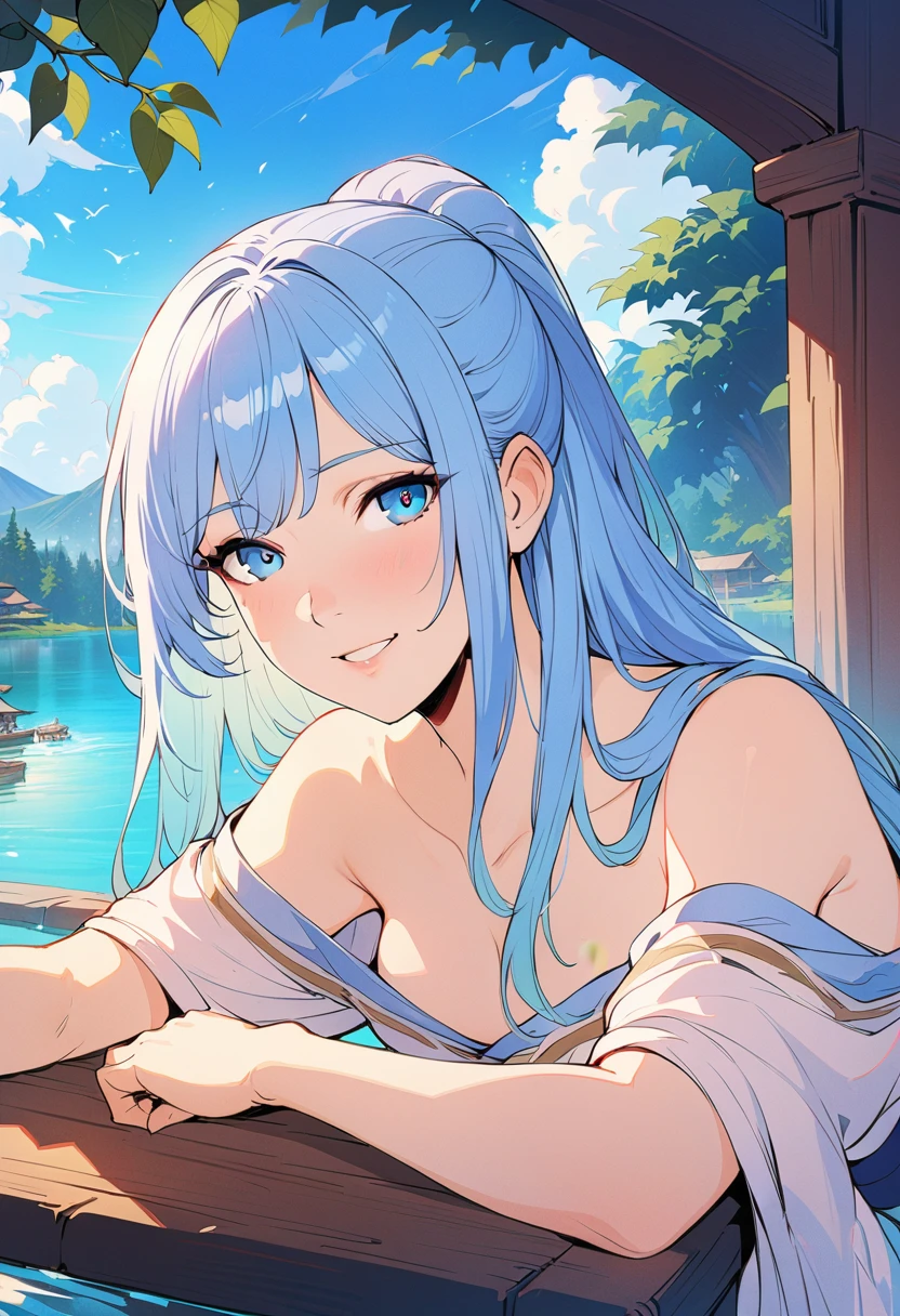 The most beautiful girl in the world,Character portrait,masterpiece, best quality, Official Art, 8k wallpaper, Very detailed, illustration, 1 girl, Sky blue hair, Long hair, Delicate eyes, Forrest Gump, Bare shoulders, Hanfu, lake, pure, Gentle smile, 