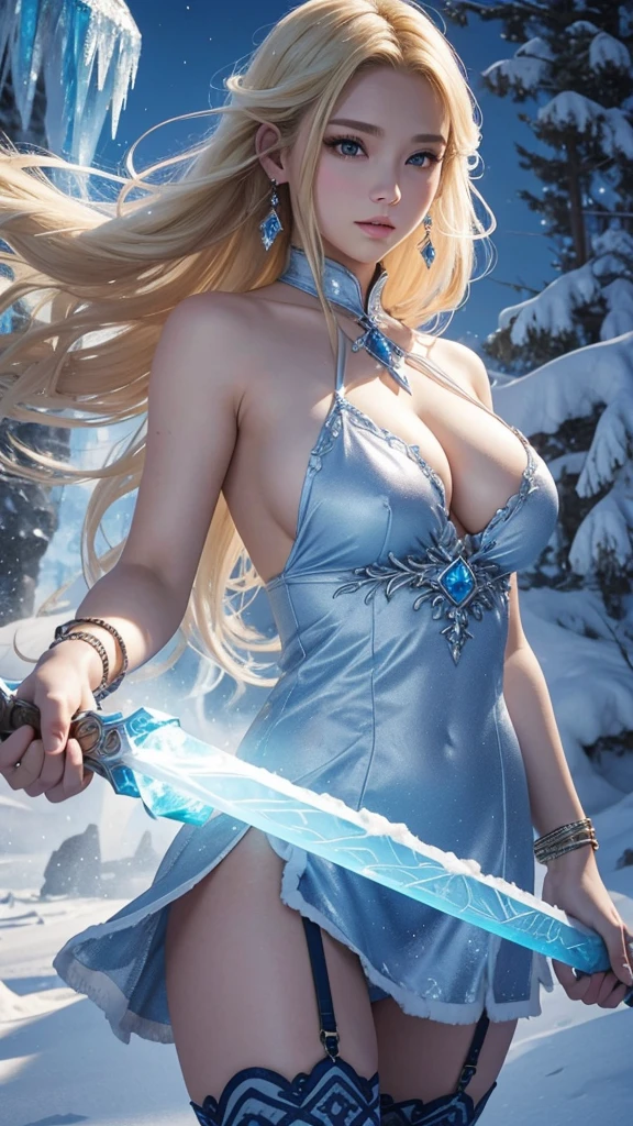 To counter the attacks of the fire spirits, the ice spirits create ice pillars and fight back with ice shields and swords. Their territory is covered in blizzards, with a magnificent landscape of snow and ice. 8k , HD, highly detailed, realistic, photography, photo realism, --ar 9:16 -- at 6.0 --s 750,19 years old, alone, Long Hair, View your viewers, Blonde, Brown eyes, gem, whole body, Realistic, Sexy、Big Breasts 、stockings、clip on earrings,during,bracelet、embarrassed,blouse、