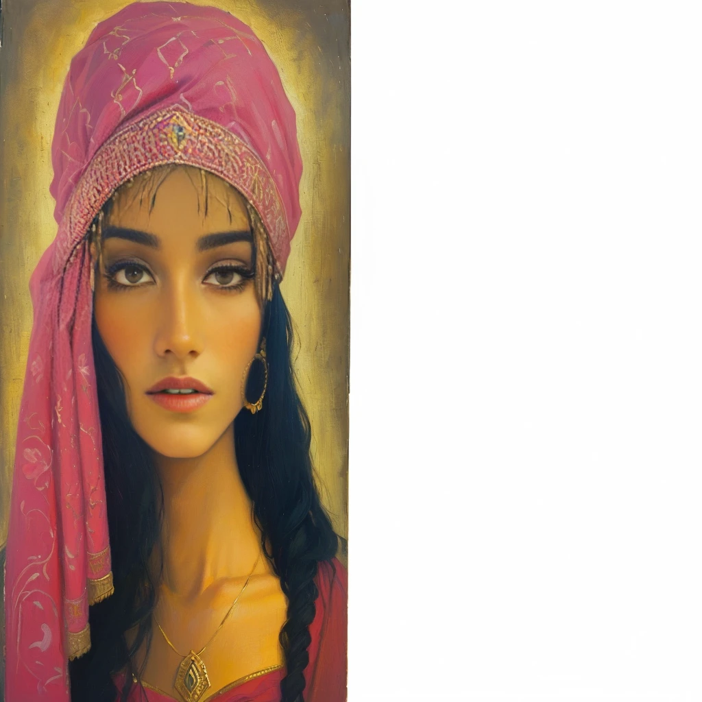 uma mulher with a pink scarf and a pink head scarf, portrait painting of a princess, inspired by Osman Hamdi Bey, inspired by Altoon Sultan, persian queen, painting of a woman, painting oil on canvas, ancient princess libu, Detailed oil on canvas, painting oil on canvas fosca, in the style of ancient painting, orientalist painting