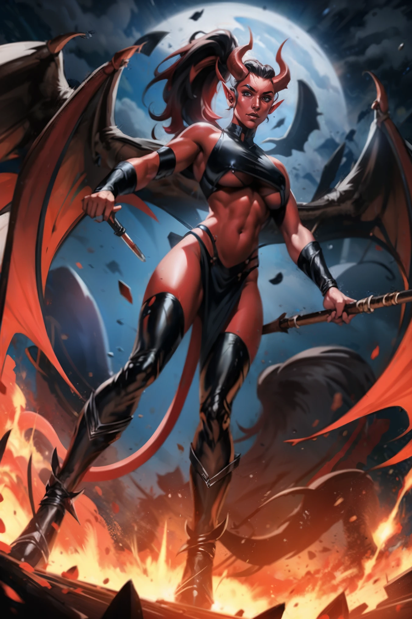 Red skin succubus tiefling, digitigrade legs, medium breasts, black horns, wings, huge tail, black leather, crop top, long flowing pelvic curtain, tall, toned, graceful, thin, long black ponytail. Action scene, whip. Dark scene, explosions, night sky.