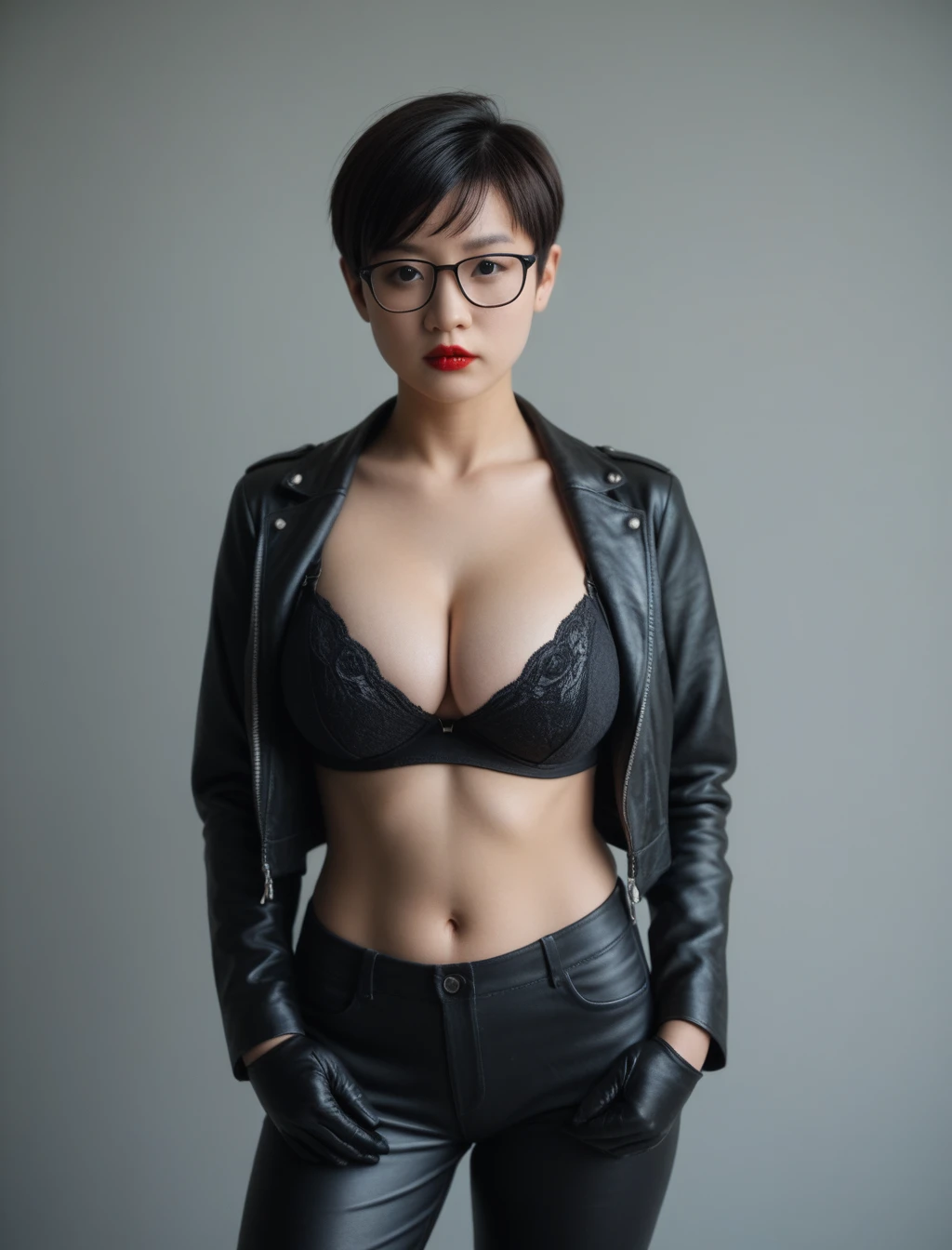 score_9, score_8_up, score_7_up, score_6_up, source_real, raw, photo, realistic, photograph, solo, pale skin, asian girl, black hair, huge breasts, curvy body, pixie cut, swept bangs, black eyes, glasses, red lipstick, black leather bra, leather jacket, black leather gloves, black leather_pants, tight pants, expressionless, stanfing still, detailed face