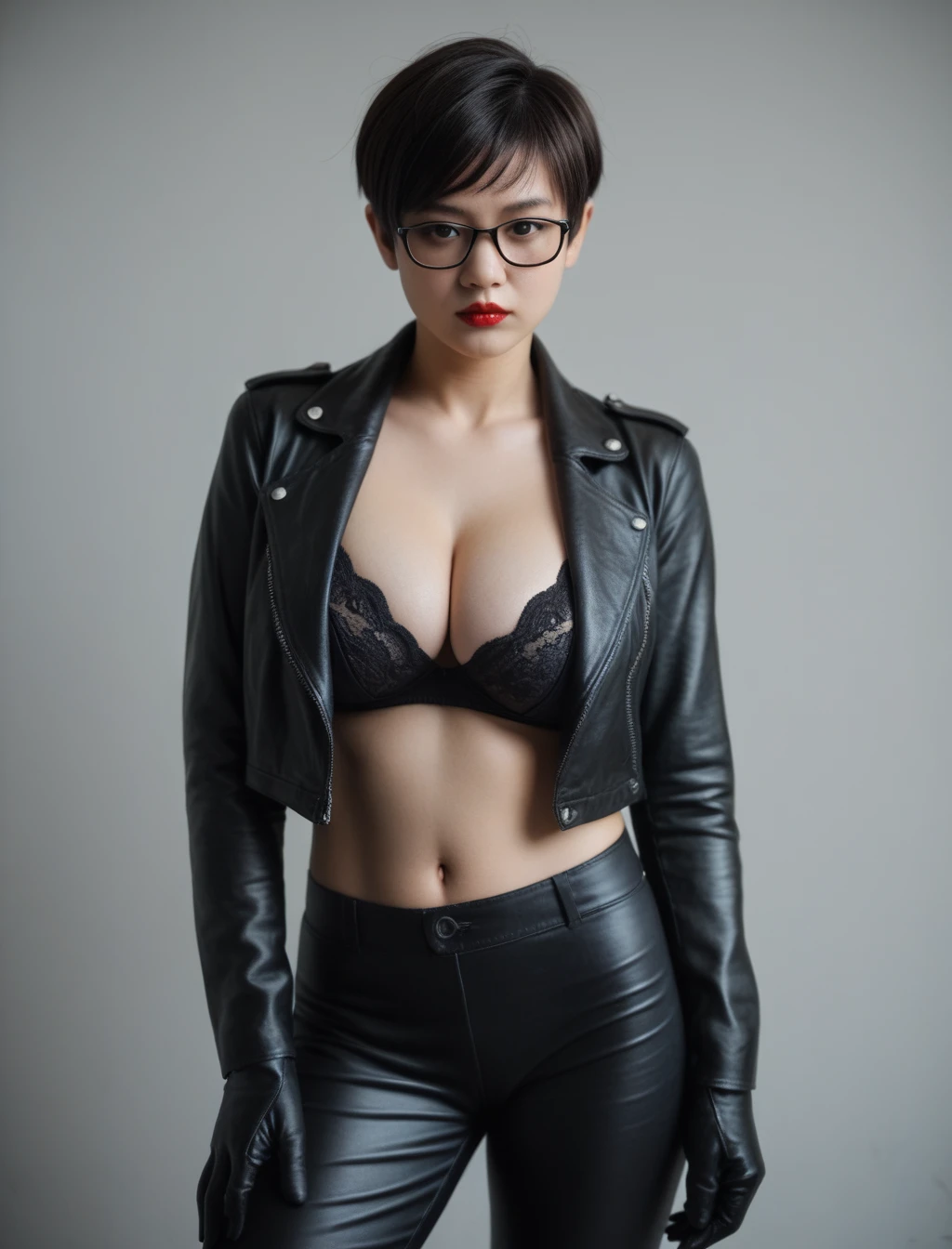 score_9, score_8_up, score_7_up, score_6_up, source_real, raw, photo, realistic, photograph, solo, pale skin, asian girl, black hair, huge breasts, curvy body, pixie cut, swept bangs, black eyes, glasses, red lipstick, black leather bra, leather jacket, black leather gloves, black leather_pants, tight pants, expressionless, stanfing still, detailed face