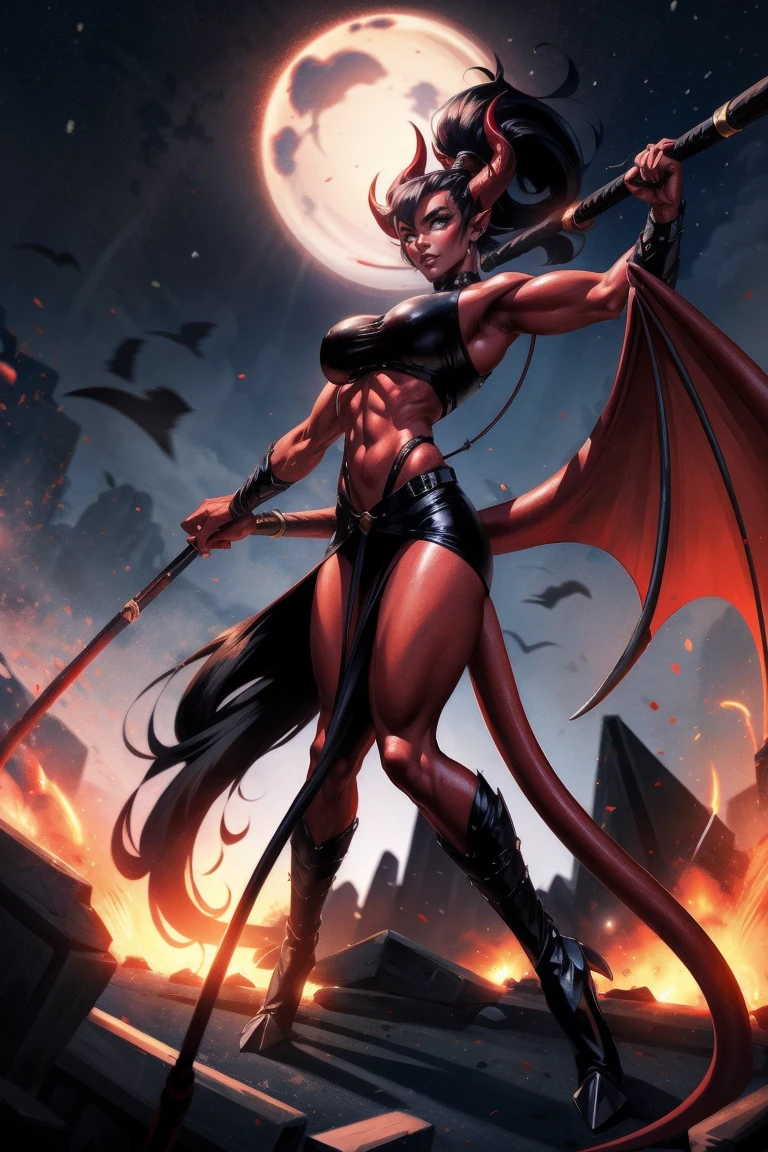 Red skin succubus tiefling, digitigrade legs, medium breasts, black horns, wings, huge tail, black leather, crop top, long flowing pelvic curtain, tall, toned, graceful, thin, long black ponytail. Action scene, whip. Dark scene, explosions, night sky.