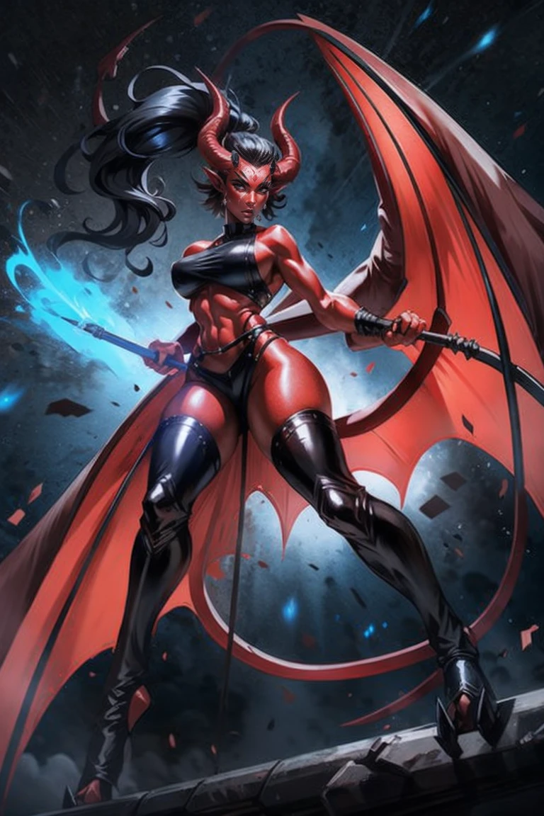 Red skin succubus tiefling, digitigrade legs, medium breasts, black horns, wings, huge tail, black leather, crop top, long flowing pelvic curtain, tall, toned, graceful, thin, long black ponytail. Action scene, whip. Dark scene, explosions, night sky.