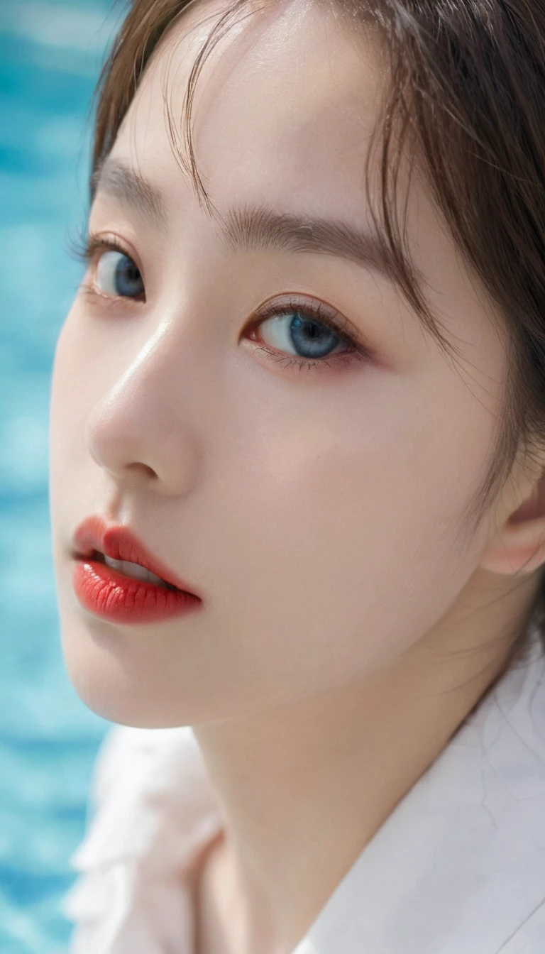 (Surrealism), (illustration), (high resolution), (8K), (Extremely detailed), (best illustration), (美丽而精致的Eye), (best quality), (Very detailed), (masterpiece), ( wallpaper), (Delicate face), solitary, 1 girl, White curly hair, Korean, Heterochromic Eyes, Eye下面有一颗小痣,, Large Breasts, Long legs, Tight abdominal muscles, Camel toe, Dynamic poses, High school girl,Gravure printing, Sexy, (White shirt:1.21), (Pleated Skirt:1.21), (By the vast summer pool:1.37), Perfect composition, ((Realistic perfect circle deep black super ridiculous details_Eye: 1.3, Extreme quality and resolution)), (Pale), ((Ultra-realistic sharp Eye, Obvious absurd quality, Not blurry,)), ((Fine pupils:1.4)), (Perfect makeup:1.35), ((Ultra-detailed symmetrical lips:1.3)), ((V-shaped jaw)), (Light glossy red_Lipstick:1.35), ((Super absurd realism long details_blue_eyelash: 1.25 Super Ridiculous Quality)), ((Perfect Dark_Eyehadows:1.45)), (Extremely detailed, Beautiful little nose:1.2), (Perfect composition), ((Pale skin:1.28)), ((Dry skin)), (flat chest), (Slim lower body), (Short hair handsome:1.37),