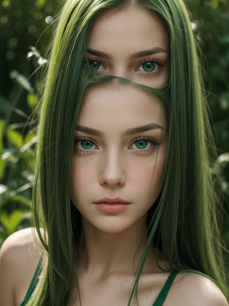 facial portrait. a girl. face sent feeling. Europe. Oval face. long face. delicate facial features. sad eyes. seductively seductive. green eyes. long straight hair. green hair. very sad expression. shy