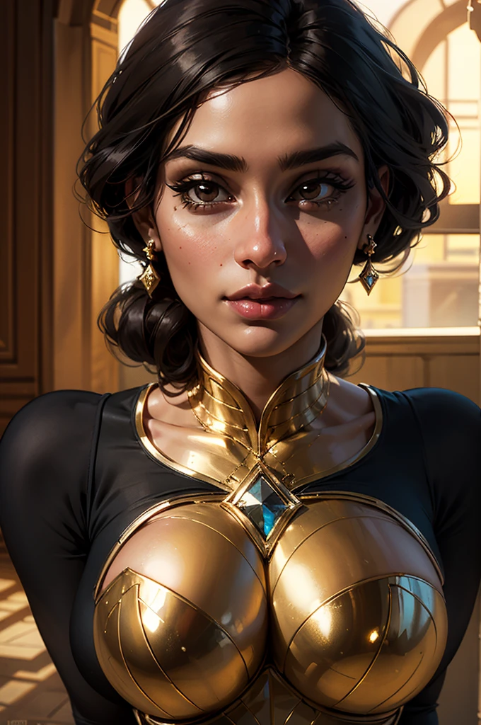 Mia Khalifa, ((Beautiful milf)), hourglass figure, enormous breasts, brown eyes, black hair, seductive face, dress, tan skin, princess, sanctuary, masterpiece, best quality, ultra detailed, realistic