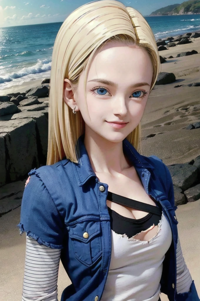 android 18,blonde hair, Long Straight hair, blue eyes, vest, black shirt, long sleeves, denim jacket, looking at viewer, smile Face, close up portrait, outside, beach, ocean, blue sky, high quality, masterpiece, sexy body, perfect breasts, slightly torn shirt on the chest