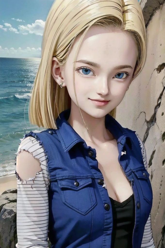 android 18,blonde hair, Long Straight hair, blue eyes, vest, black shirt, long sleeves, denim jacket, looking at viewer, smile Face, close up portrait, outside, beach, ocean, blue sky, high quality, masterpiece,  sexy body, perfect breasts, slightly torn shirt on the chest