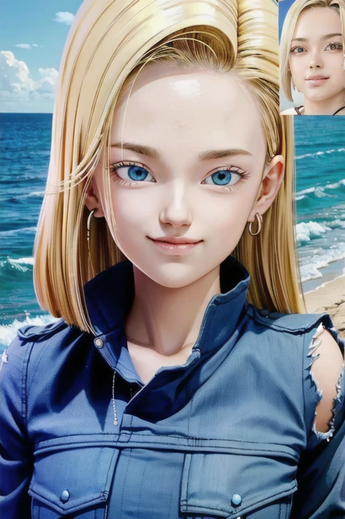 android 18,blonde hair, Long Straight hair, blue eyes, vest, black shirt, long sleeves, denim jacket, looking at viewer, smile Face, close up portrait, outside, beach, ocean, blue sky, high quality, masterpiece, sexy body, perfect breasts, slightly torn shirt on the chest